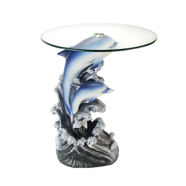 24" Clear And Blue Glass And Polyresin Round Figurine End Table
