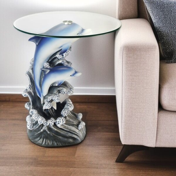 24" Clear And Blue Glass And Polyresin Round Figurine End Table - Image 2