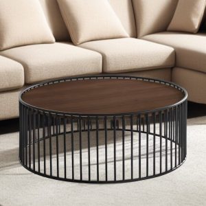 36" Brown and Black Wood And Metal Round Frame Coffee Table