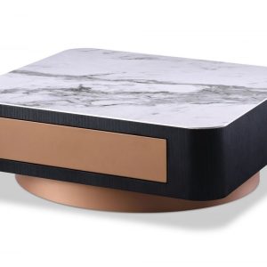 35" White and Gold Faux Marble And Metal Square Pedestal Coffee Table With Drawer