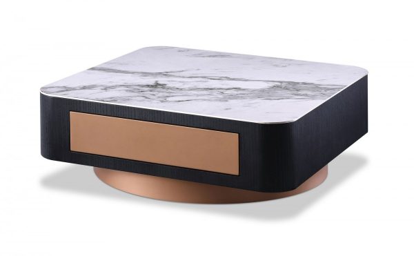 35" White and Gold Faux Marble And Metal Square Pedestal Coffee Table With Drawer