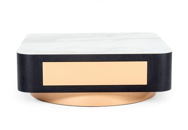 35" White and Gold Faux Marble And Metal Square Pedestal Coffee Table With Drawer - Image 3