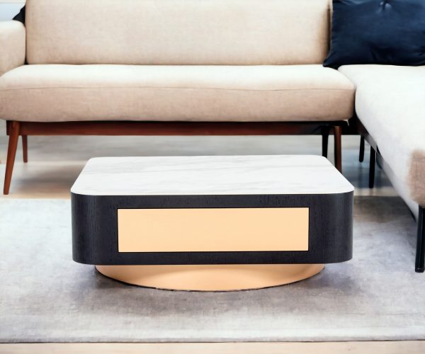 35" White and Gold Faux Marble And Metal Square Pedestal Coffee Table With Drawer - Image 2