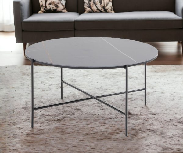 35" Black Faux Marble And Metal Round Coffee Table - Image 2
