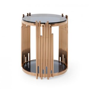 20" Rosegold And Black Glass And Stainless Steel Round End Table With Shelf