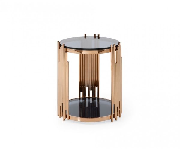 20" Rosegold And Black Glass And Stainless Steel Round End Table With Shelf - Image 3