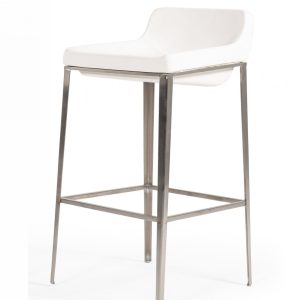 30" White And Silver Faux Leather And Stainless Steel Low Back Bar Height Bar Chair