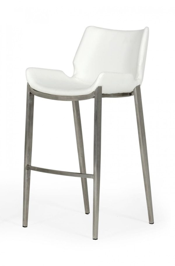 Set of Two 30" White And Silver Faux Leather And Steel Low Back Bar Height Bar Chairs