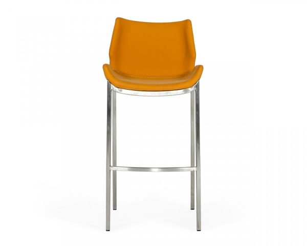 Set of Two 30" Orange And Silver Faux Leather And Steel Low Back Bar Height Bar Chairs