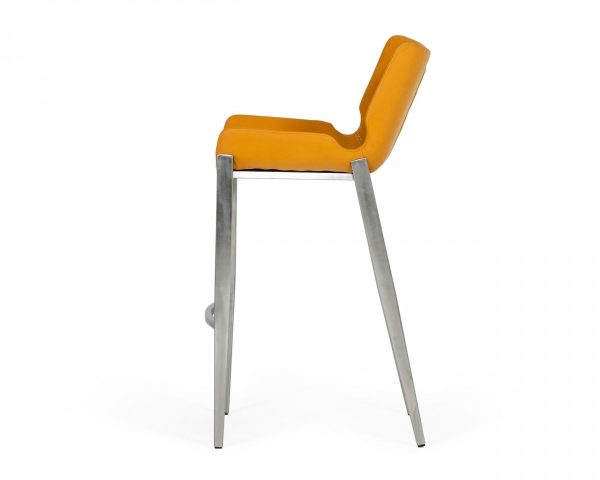 Set of Two 30" Orange And Silver Faux Leather And Steel Low Back Bar Height Bar Chairs - Image 2