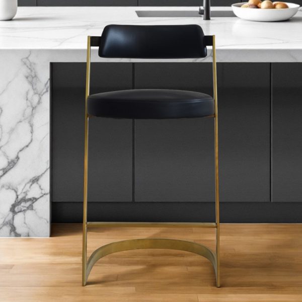 26" Black And Gold Faux Leather And Stainless Steel Low Back Counter Height Bar Chair - Image 2