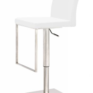 37" White And Silver Faux Leather And Stainless Steel Swivel Low Back Adjustable Height Bar Chair