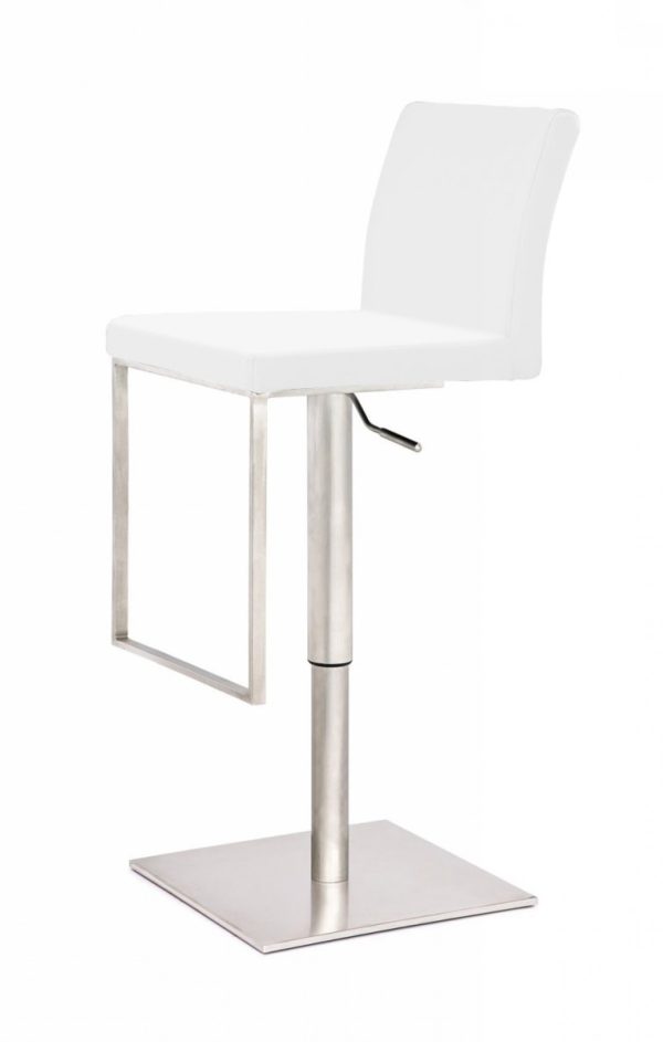 37" White And Silver Faux Leather And Stainless Steel Swivel Low Back Adjustable Height Bar Chair