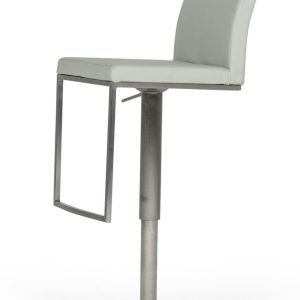 32" Light Gray And Silver Faux Leather And Stainless Steel Swivel Low Back Bar Height Bar Chair