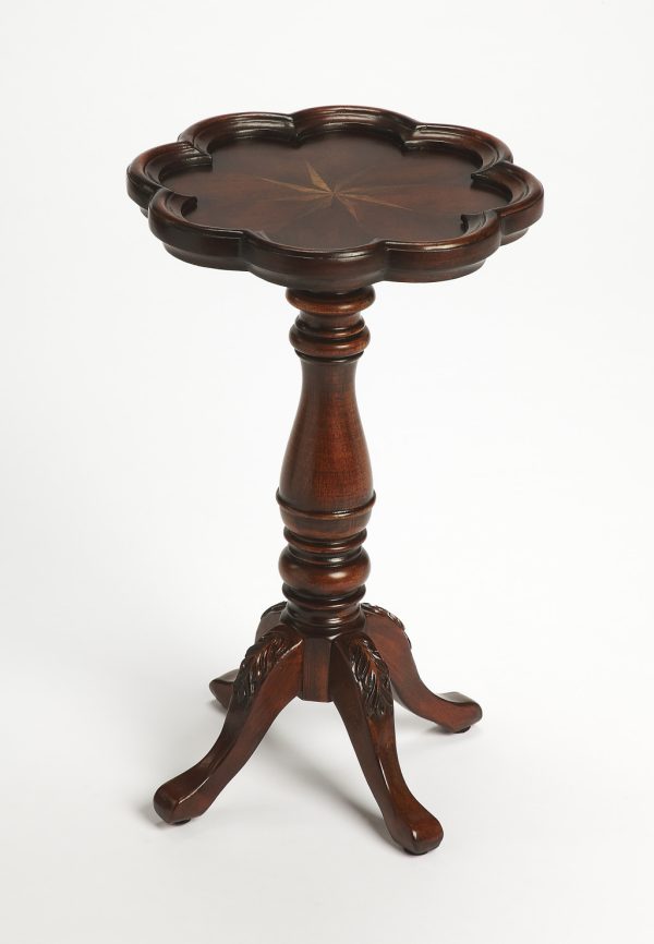 20" Dark Brown And Cherry Wood Floral Top End Table - Image 3