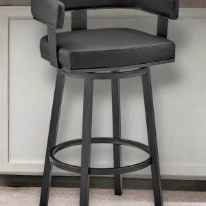 26" Black Faux Leather And Iron Swivel Low Back Counter Height Bar Chair