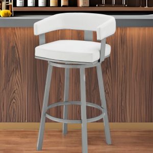 26" White and Gray Faux Leather and Iron Low Back Counter Height Swivel Bar Chair