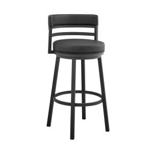 26" Black Faux Leather And Iron Swivel Counter Height Bar Chair