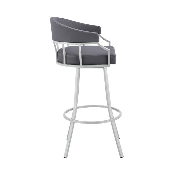 26" Slate Gray And Silver Faux Leather And Iron Swivel Low Back Counter Height Bar Chair - Image 3