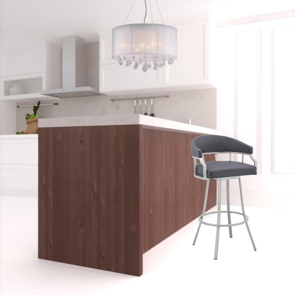 26" Slate Gray And Silver Faux Leather And Iron Swivel Low Back Counter Height Bar Chair - Image 2