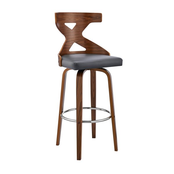 26" Gray and Brown Faux Leather and Solid and Manufactured Wood Counter Height Swivel Bar Chair - Image 2