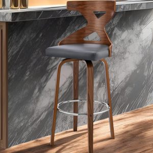 26" Gray and Brown Faux Leather and Solid and Manufactured Wood Counter Height Swivel Bar Chair