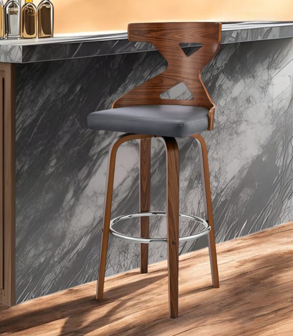 26" Gray and Brown Faux Leather and Solid and Manufactured Wood Counter Height Swivel Bar Chair