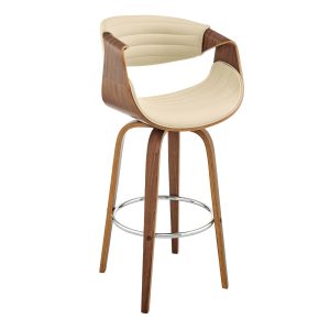 26" Cream And Brown Faux Leather And Wood Swivel Counter Height Bar Chair