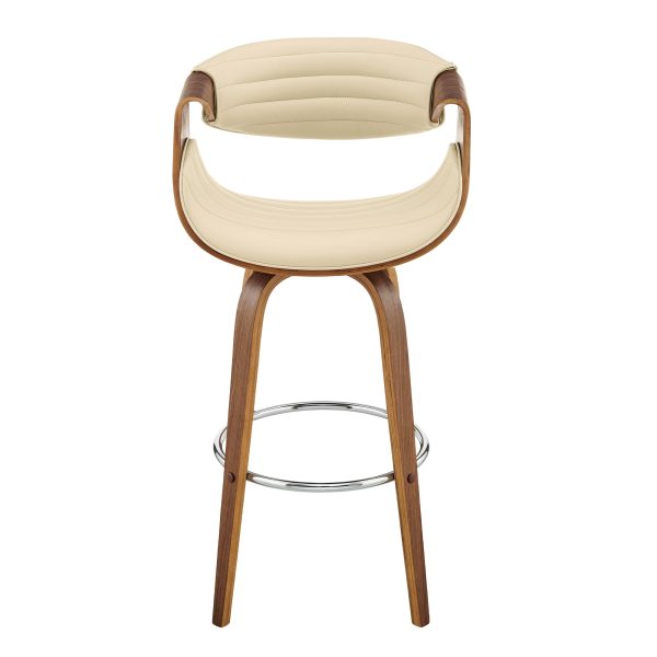 26" Cream And Brown Faux Leather And Wood Swivel Counter Height Bar Chair - Image 3