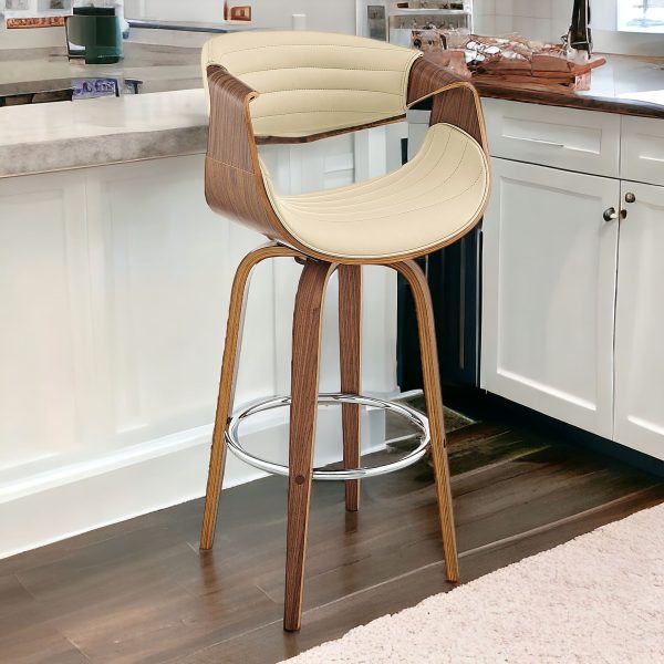 26" Cream And Brown Faux Leather And Wood Swivel Counter Height Bar Chair - Image 2