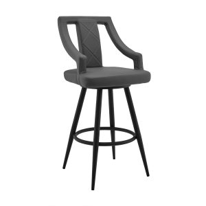 25" Gray And Black Faux Leather And Iron Swivel Counter Height Bar Chair