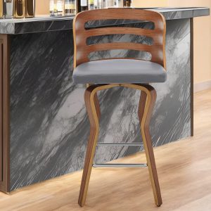 25" Gray and Brown Faux Leather Low Back Counter Height Swivel Bar Chair