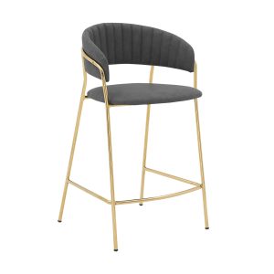 26" Gray And Gold Faux Leather And Iron Low Back Counter Height Bar Chair