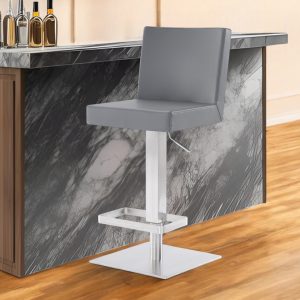 24" Gray and Silver Faux Leather and Iron Adjustable Height Swivel Bar Chair