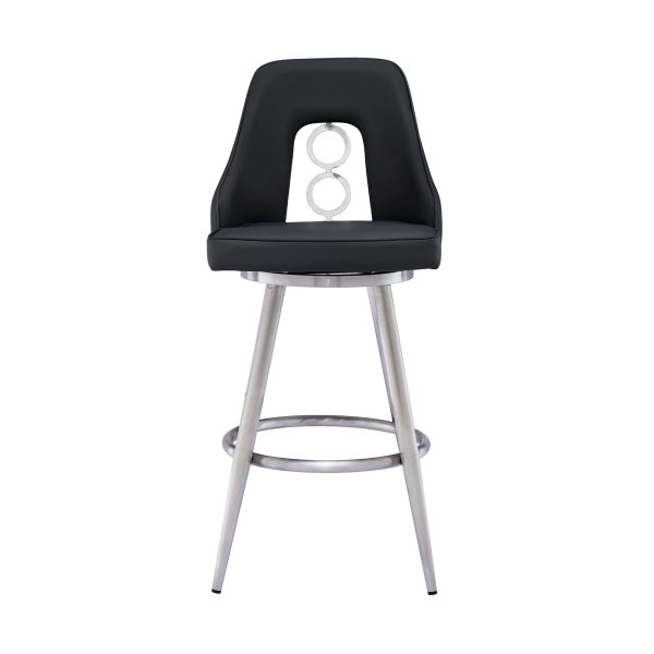 26" Black And Silver Faux Leather And Iron Swivel Counter Height Bar Chair - Image 3