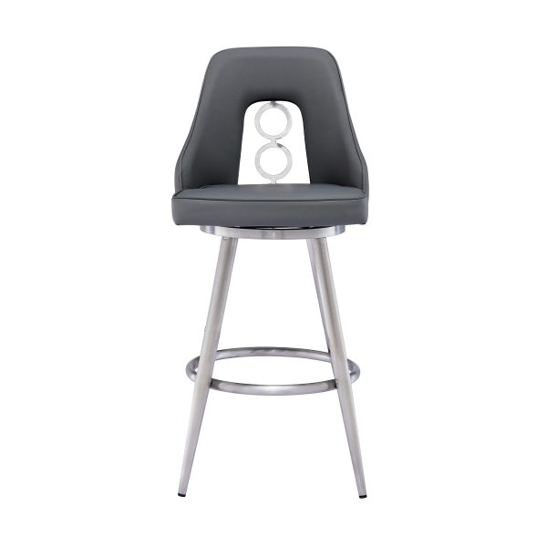 26" Gray And Silver Faux Leather And Iron Swivel Counter Height Bar Chair - Image 3
