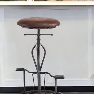 26" Brown and Gray Upholstered Iron Swivel Backless Adjustable Height Bar Chair