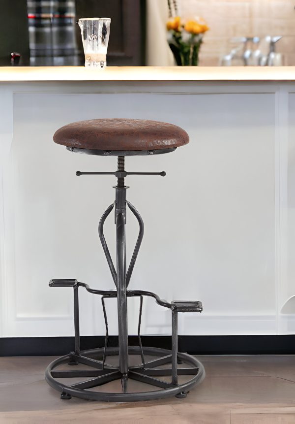 26" Brown and Gray Upholstered Iron Swivel Backless Adjustable Height Bar Chair