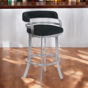 26" Black and Silver Faux Leather and Iron Low Back Counter Height Swivel Bar Chair
