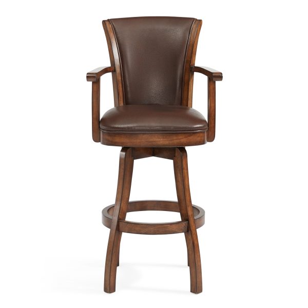 26" Brown And Chestnut Faux Leather And Solid Wood Swivel Counter Height Bar Chair - Image 3
