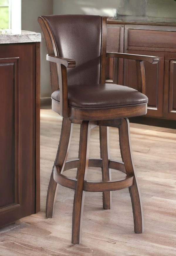26" Brown And Chestnut Faux Leather And Solid Wood Swivel Counter Height Bar Chair - Image 2