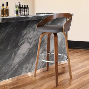 30" Gray and Brown Faux Leather and Iron Low Back Bar Height Swivel Bar Chair