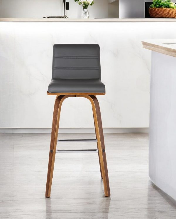 30" Gray and Brown Faux Leather and Solid Wood Low Back Bar Height Swivel Bar Chair