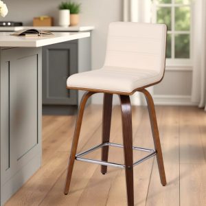 26" Cream and Brown Fabric and Iron Low Back Counter Height Swivel Bar Chair