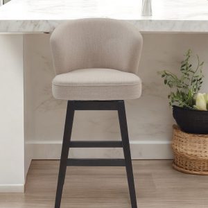 27" Tan and Espresso Fabric and Solid Wood Low Back Counter Height Swivel Bar Chair