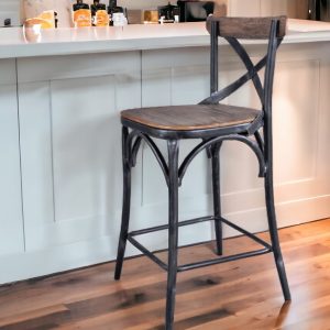 26" Brown and Black Solid Wood with Iron Counter Height Bar Chair