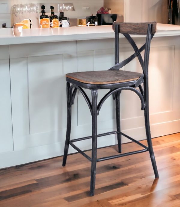 26" Brown and Black Solid Wood with Iron Counter Height Bar Chair