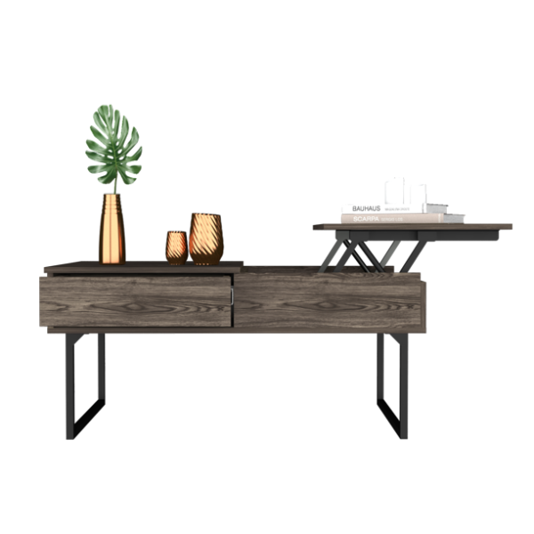 40" Dark Brown And Black Metal Lift Top Coffee Table With Drawer - Image 3