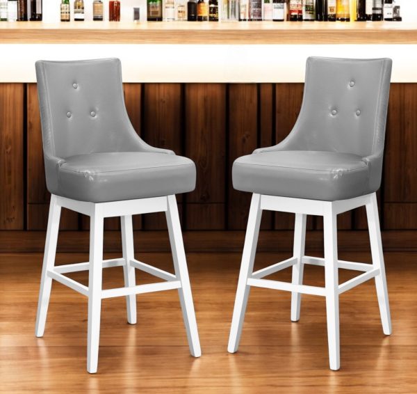 Set of Two 29" Gray and White Faux Leather and Solid Wood Bar Height Swivel Bar Chairs