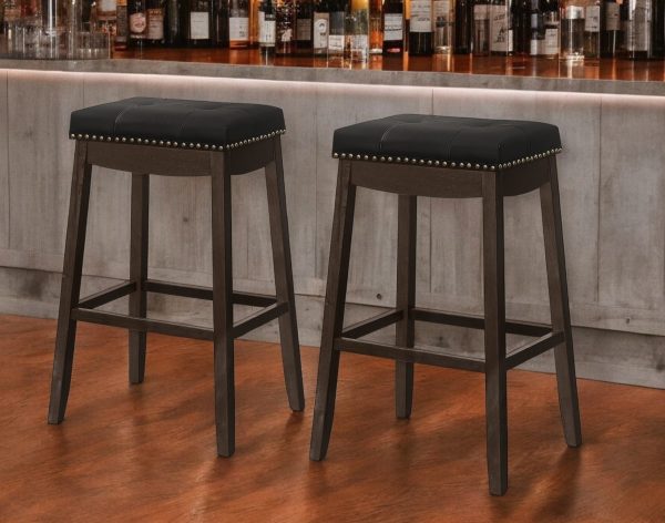 Set of Two 30" Black and Espresso Faux Leather and Solid Wood Backless Bar Height Bar Chairs